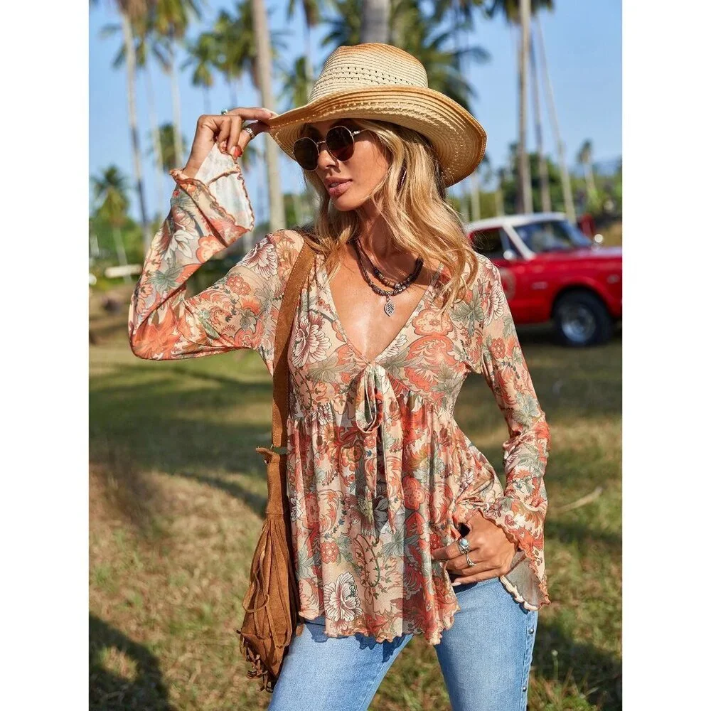Bell sleeve peplum v neck boho gypsy hippie 70s floral print blouse - Picture 1 of 2
